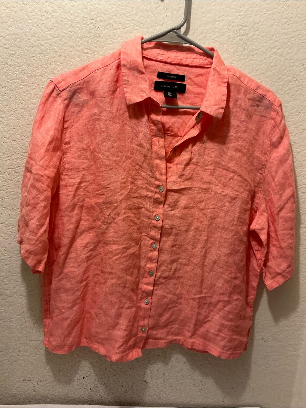 Tahari Coral Short-Sleeve 100% Linen Button-Down Shirt